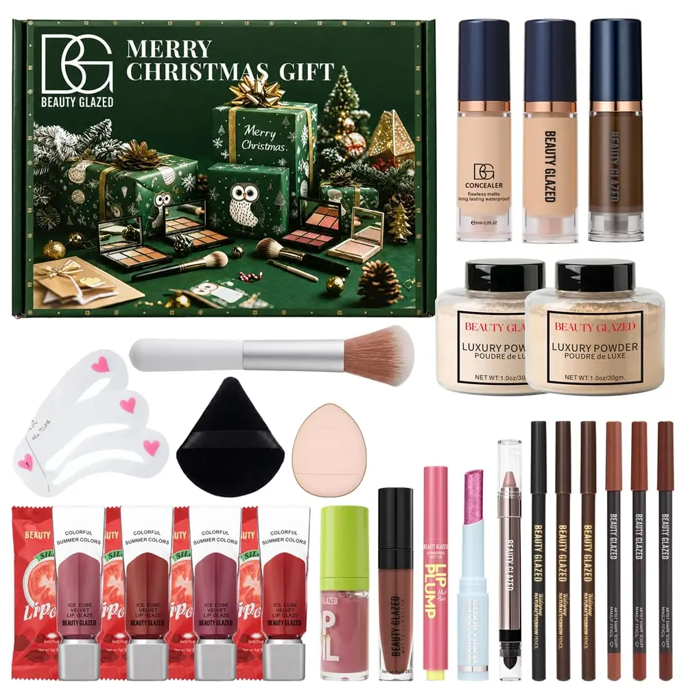BEAUTY GLAZED Christmas Makeup Gift Set, All-in-One Full Face Makeup Kit for Beginners, Complete Cosmetic Bundle with Concealer, Foundation, Loose Powder, Lip Gloss & Eyebrow Makeup, Xmas Holiday Gift for Women & Teens
