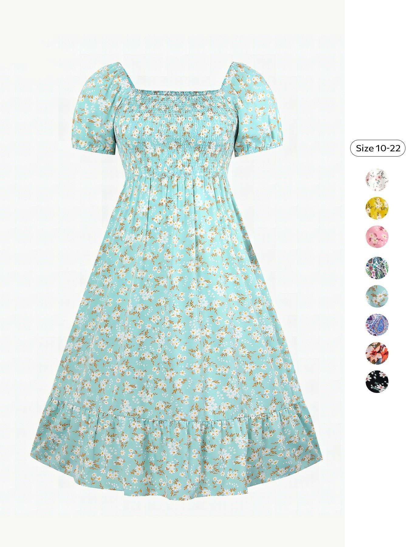 Women's Airy Elegant Chic Aesthetic Boho Style Allover Floral Print Scoop Neck Short Sleeve Pleated Maxi Dress for Summer