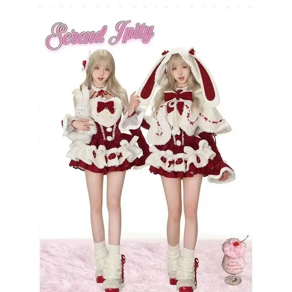2025 Winter Christmas New Year Elegant 3 Piece Sets Women Hooded Faux Fur Cape Coats Mini Dresses Korean Style Y2k Sweet Clothes