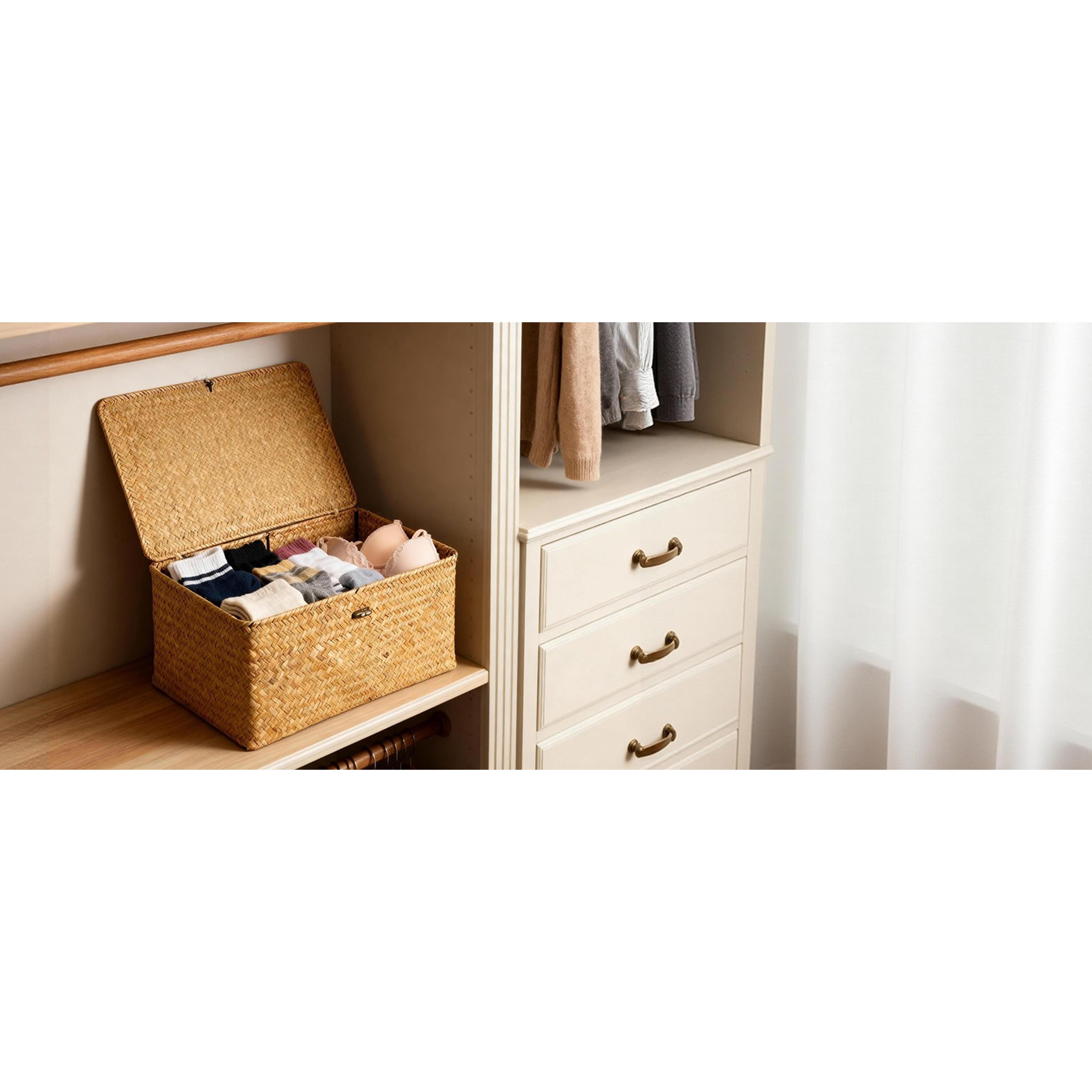Natural Seagrass Storage Basket with Lid (Set of 3) - Rectangular Decorative Farmhouse Organiser, Multipurpose Home Storage Bin for Boho Decoration, Gift-Worthy Household Shelf Container Natural Seagrass Storage Basket with Lid (Set of 3) - Rectangular Decorative Farmhouse Organiser, Multipurpose Home Storage Bin for Boho Decoration, Gift-Worthy Household Shelf Container