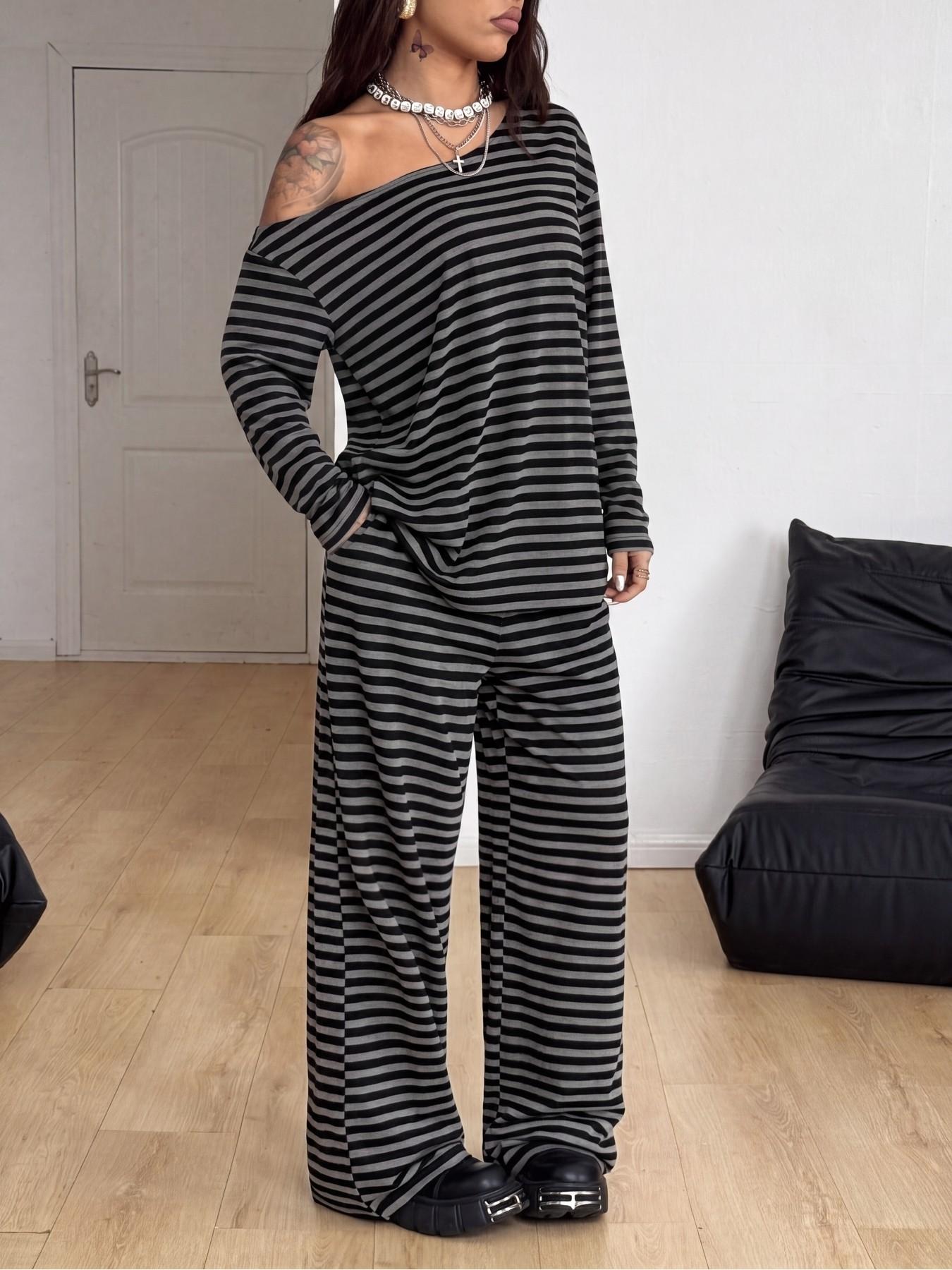 European and American Street Style Four-Season Set, Casual Long Sleeve T-Shirt and Wide Leg Baggy Pants, Comfortable Sportswear for Daily Wear