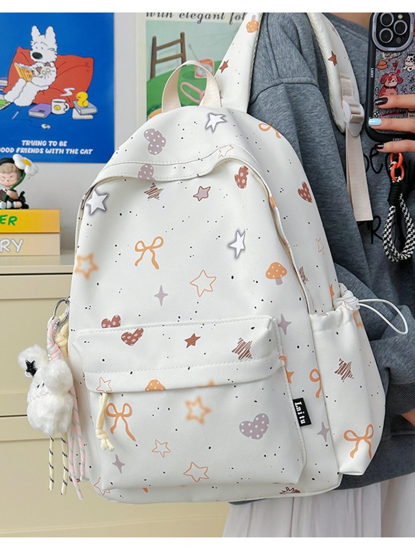 Cute Star Heart Print Backpack for Women, Fresh Casual Large Capacity Student Bag, Lightweight Nylon Travel Backpack