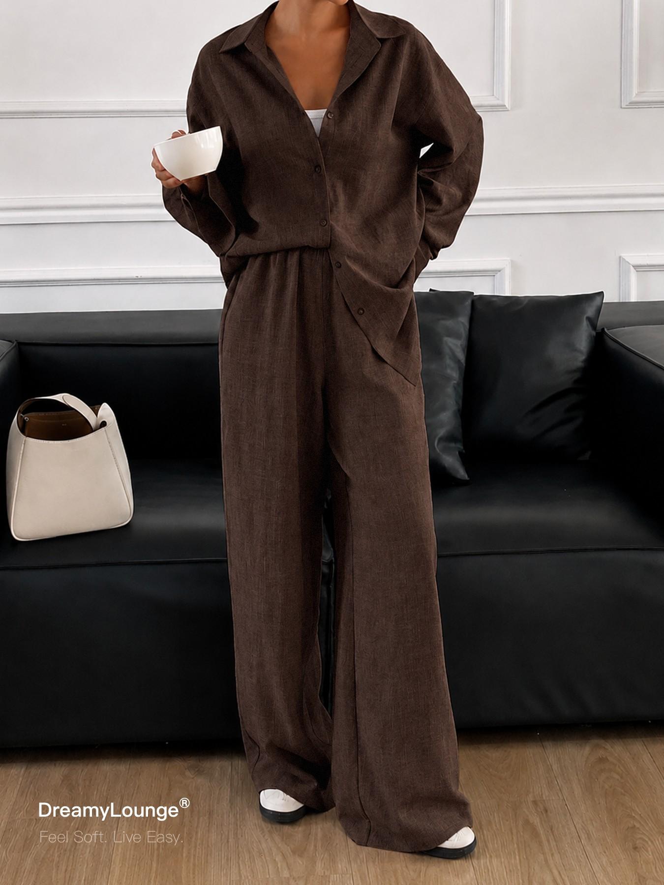 2-Piece Set DreamyLounge Women's Textured Linen-Look Loungewear Set, Oversized Button Down Shirt and Wide Leg Pants Matching Set for Travel, Coffee Run and Everyday Wear