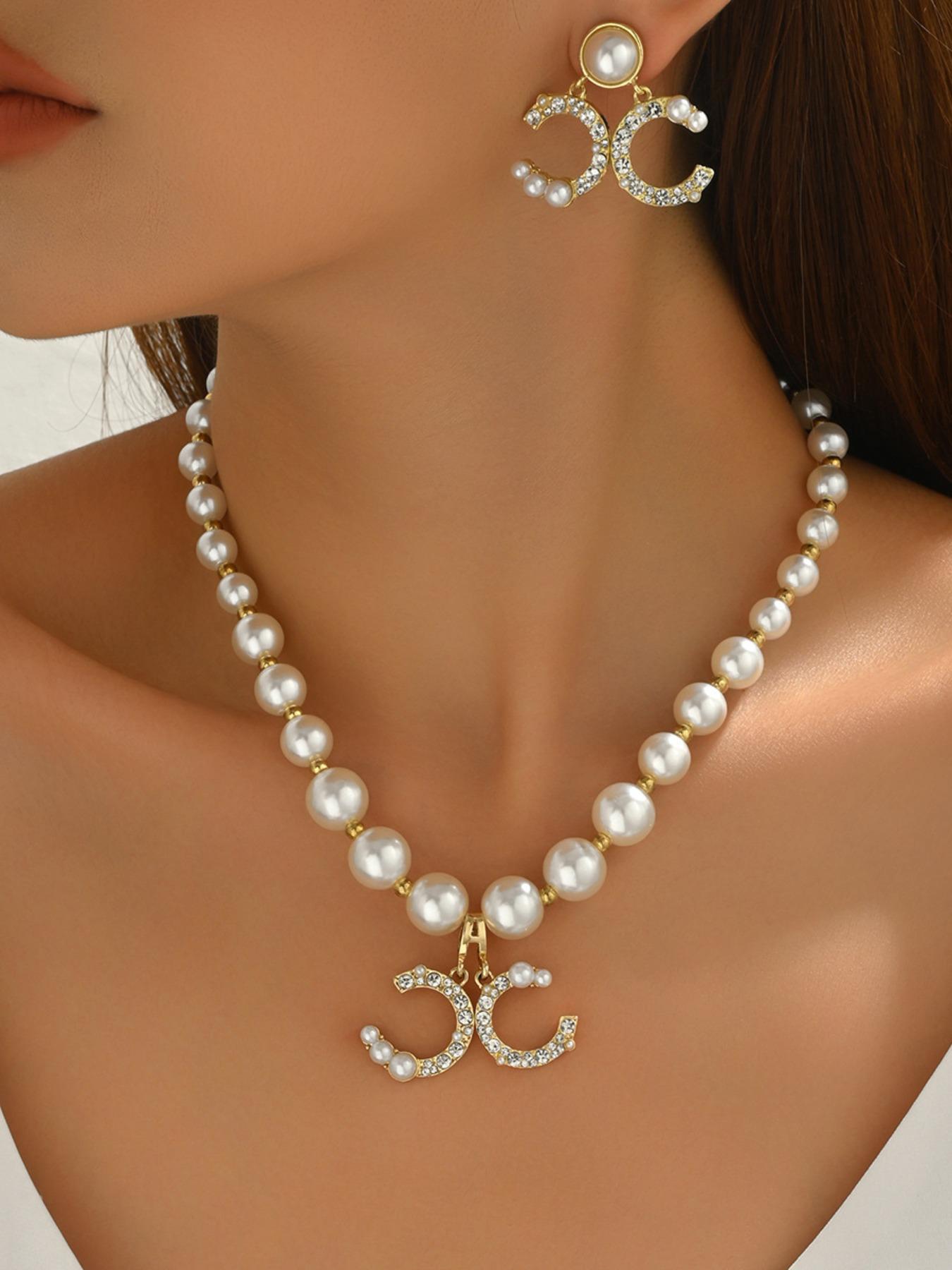 Women's Necklace Set, Geometric C-Shape Diamond Design Earrings Long Pearl Chain, Elegant Jewelry Gift for Her