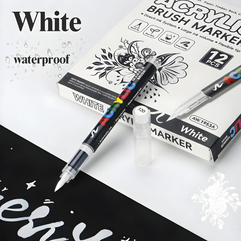 Acrylic Paint Markers, 12Pack Soft Brush Tip Acrylic Paint Pens, Professional Color System,Quick-Drying Waterproof Ink, for Rock Painting Plastic Wood Canvas Glass Ceramic Metal Art Drawing Supplies Art Crafts Supplies Christmas Gift