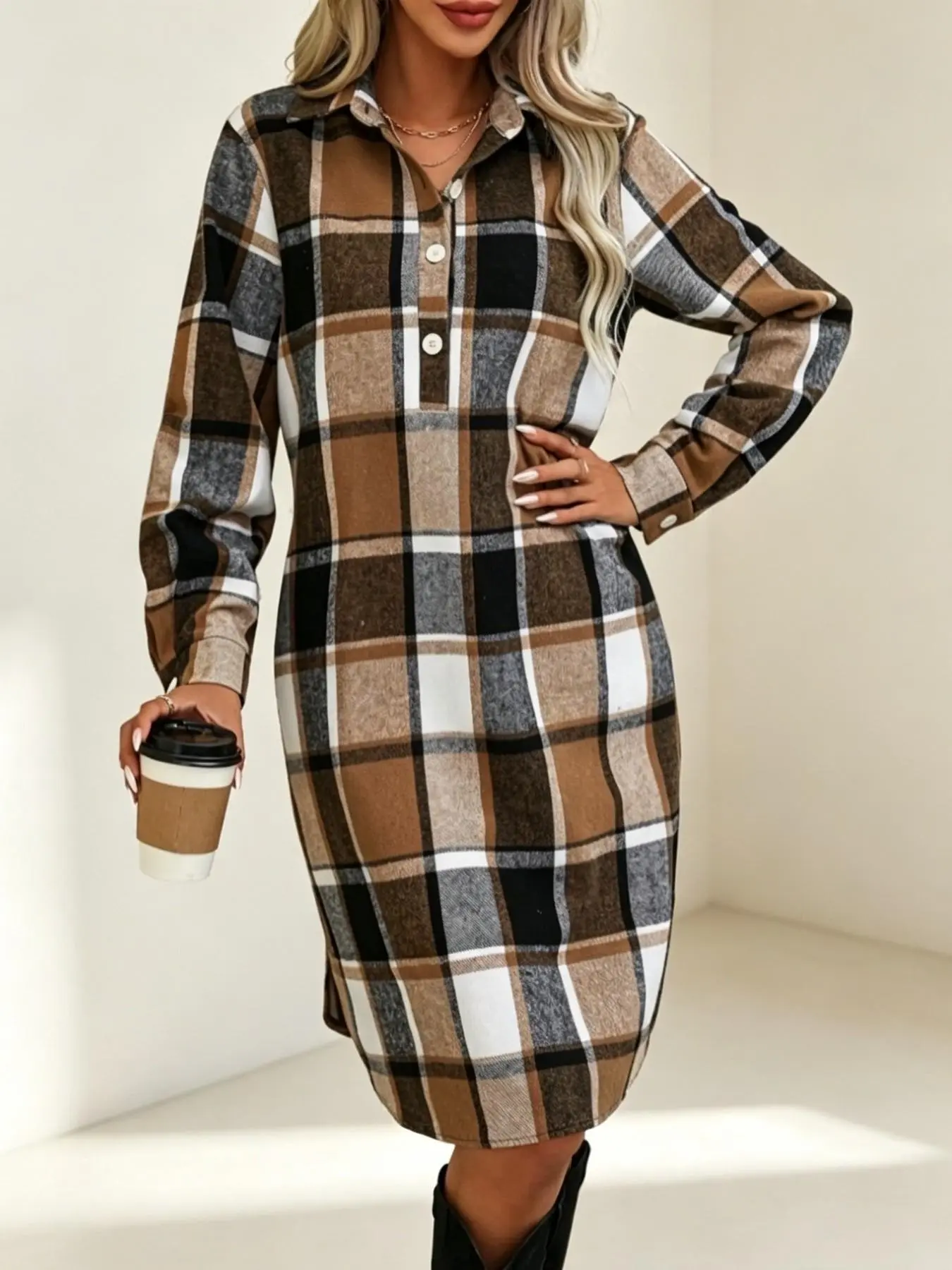 Women's Plaid Print Drop Shoulder Thick Button Fall Winter Bodycon Dress, Stylish and Warm for Autumn and Winter Seasons
