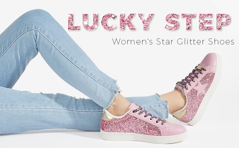LUCKY STEP Women's Fashion Star Sneaker Lace Up Low Top Comfortable Cushioned Walking Shoes with Glitter Star Pattern & Non-Slip TPR Outsole