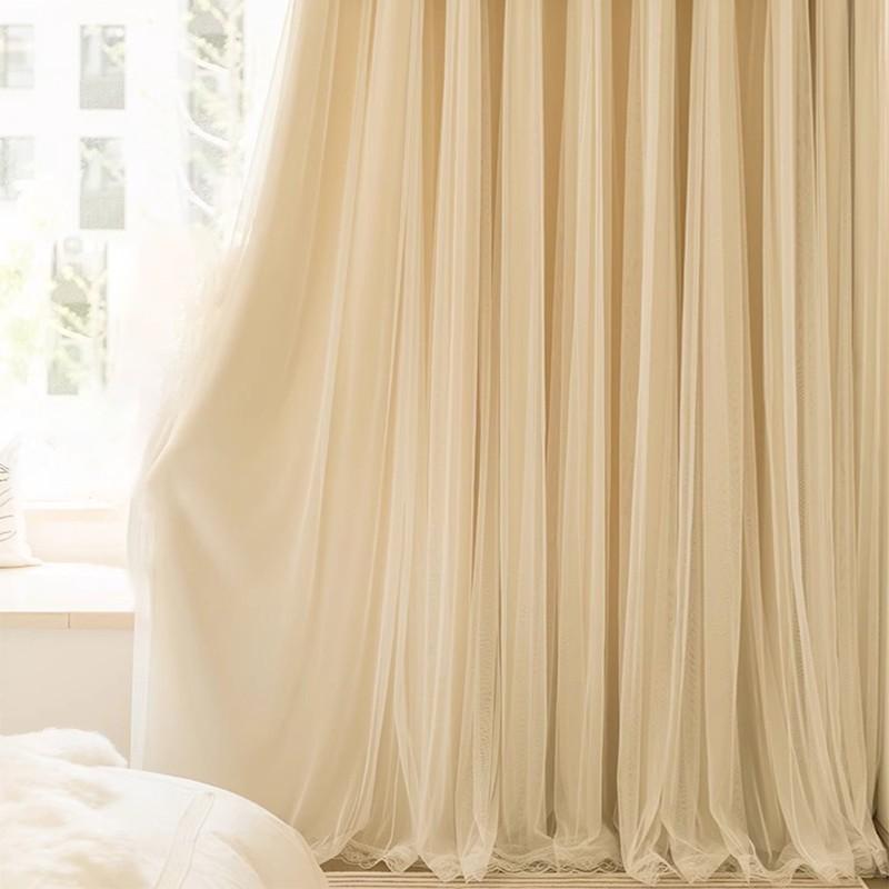 French Cream Lace Curtains Set, Princess Style Bedroom Sheer Drapes, Living Room Balcony Decorative Curtains, Multiple Colors Available