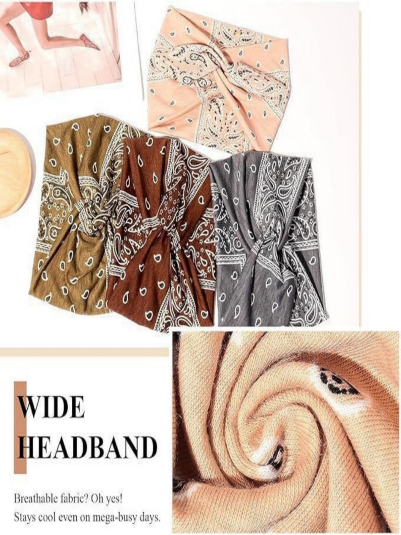 Women's 4-Piece Headband Set, Wide Thin Elastic Bohemian Style, Cashew Flower Retro Cross Edge, Sports Yoga Makeup Accessories
