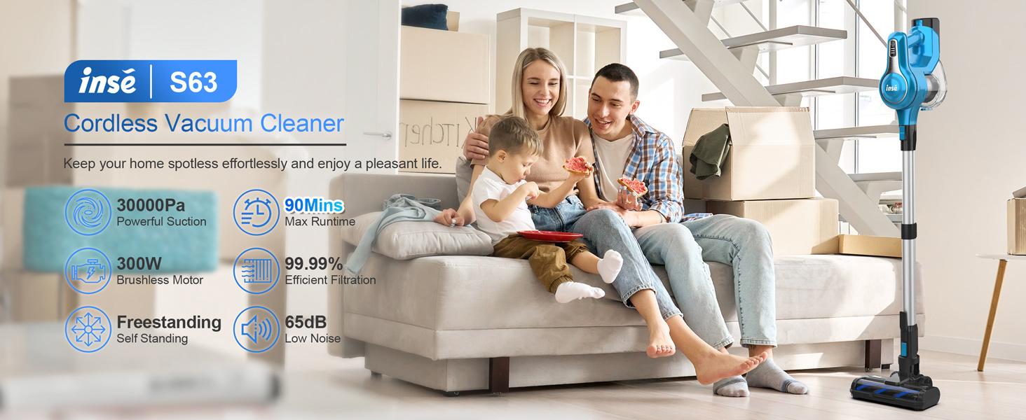 INSE S Series Cordless Vacuum Cleaner, 25Kpa 300W Powerful Cordless Stick Vacuum with 1 or 2 Batteries, Up to 45 or 90min Runtime, 6-in-1 Rechargeable Cordless Vacuum for Home Carpet Floor Pet Hair