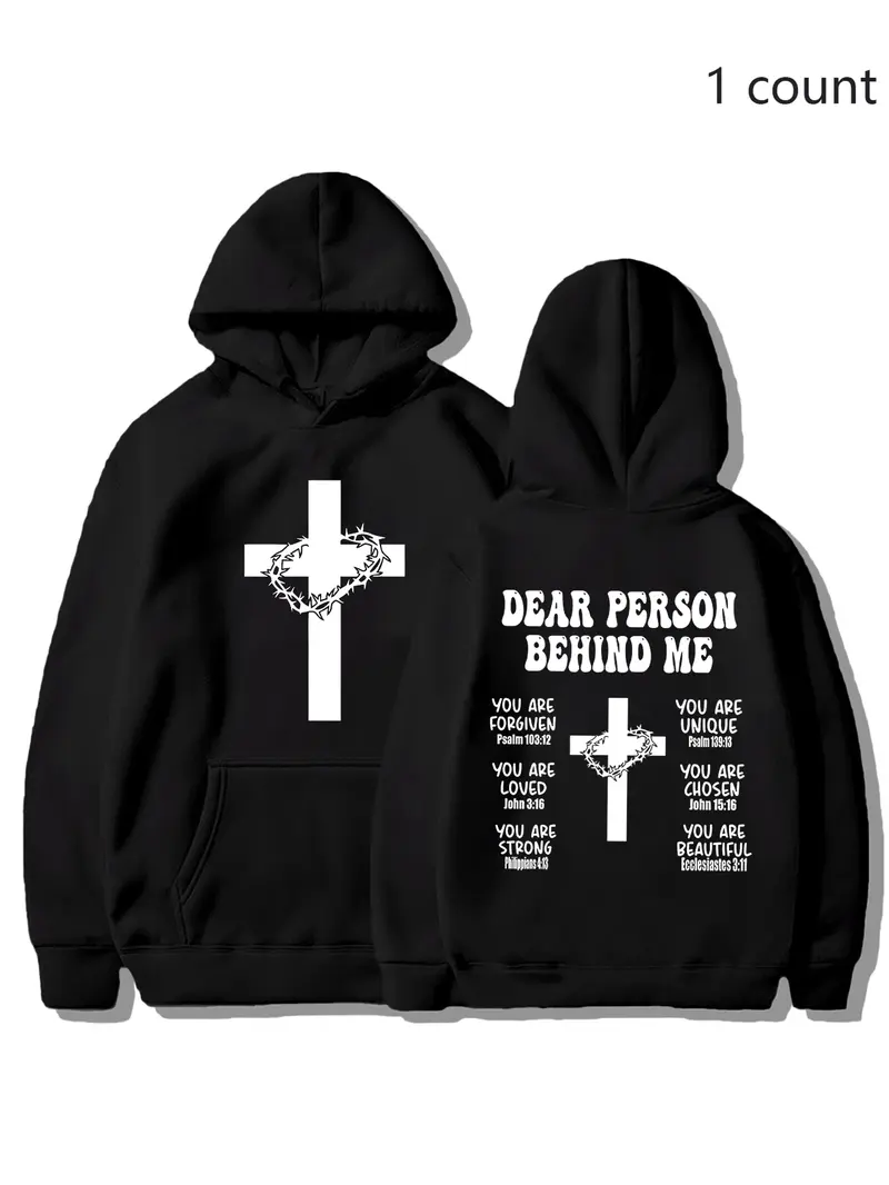 Christian Fitted Hoodie with Bible Verse, Long Sleeve Inspirational Sports Sweatshirt, Faith Cross Graphic Printed Pullover Hoodie, Casual Fall & Winter Wear, Printed Hooded