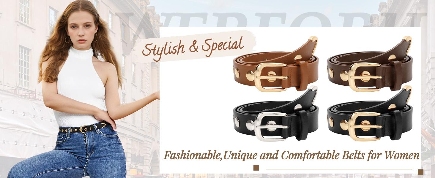 JASGOOD Women Fashion Leather Belt Punk Leather Belt Women Studded Belt for Jeans Pants Dresses