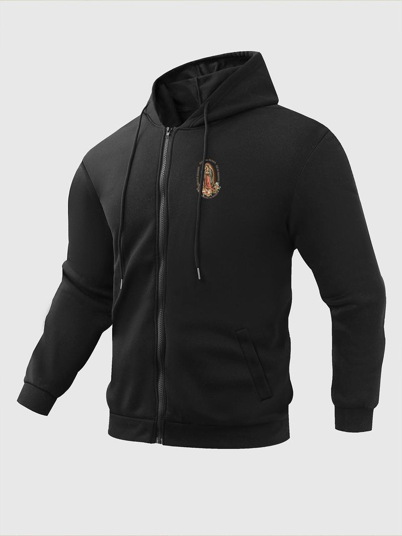 Men's Guadalupe Print Zip Up Hoodie, Casual Regular Fit Long Sleeve Hooded Sweatshirt for Fall & Winter, Men's Top for Daily Wear, Flower Hoodies