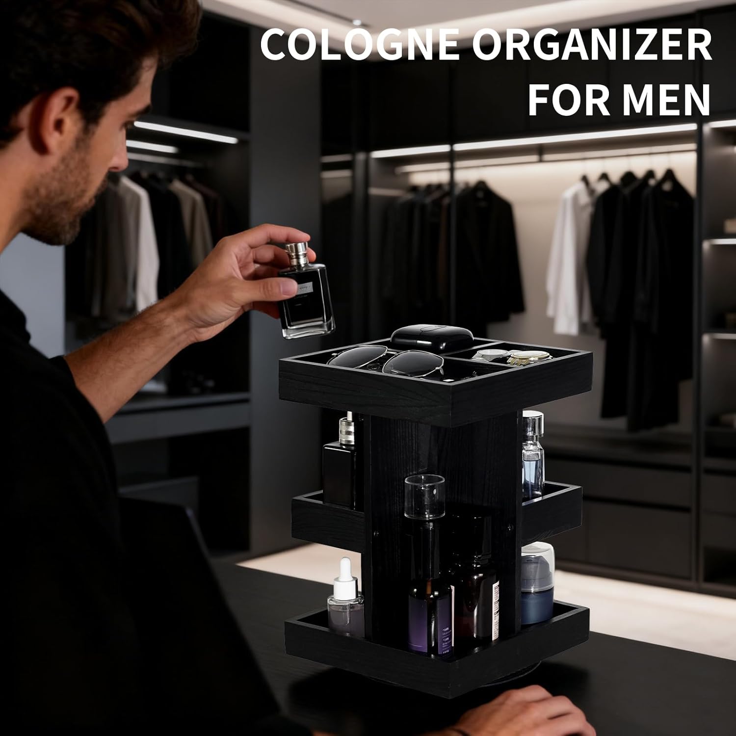 Cologne Organizer for Men, Rotating Cologne Stand, 3 Tier Wooden Perfume Shelf, Desk Organizer, Husband Boyfriend Birthday Gift Ideas