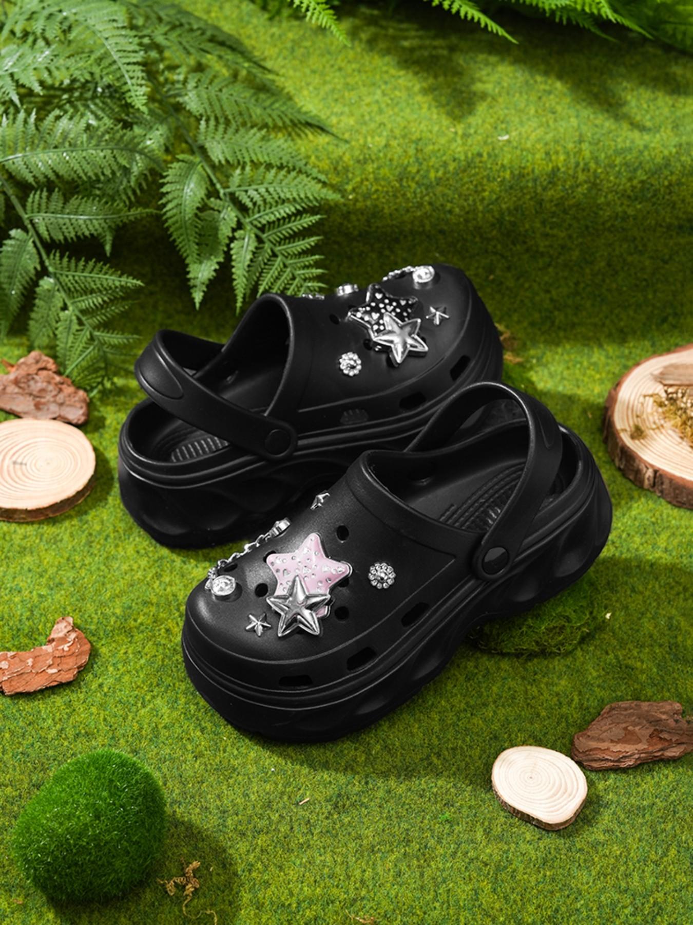 Fashion New Women's Holey Shoes, Floral Embellishment, Fun Hollow Design, Durable Thick Sole, Casual Summer Sandals, Comfortable Slip-Ons