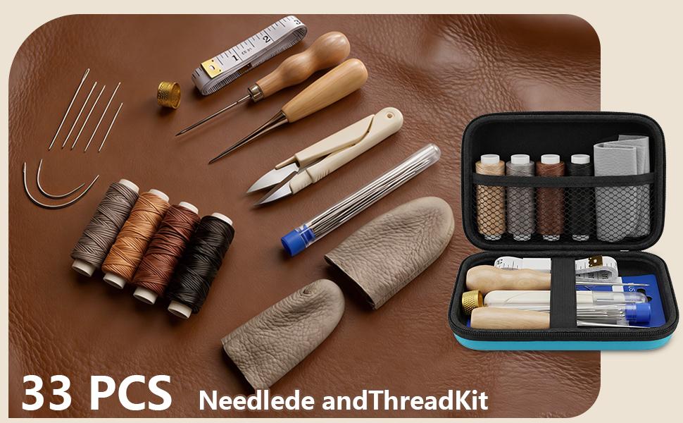 Leather Sewing Kit, Upholstery Repair Kit with Waxed Thread, Sewing Awl, Needles, Heavy Duty Hand Stitching Tools for Car Seats, Sofa, Carpet, DIY Leather Crafts