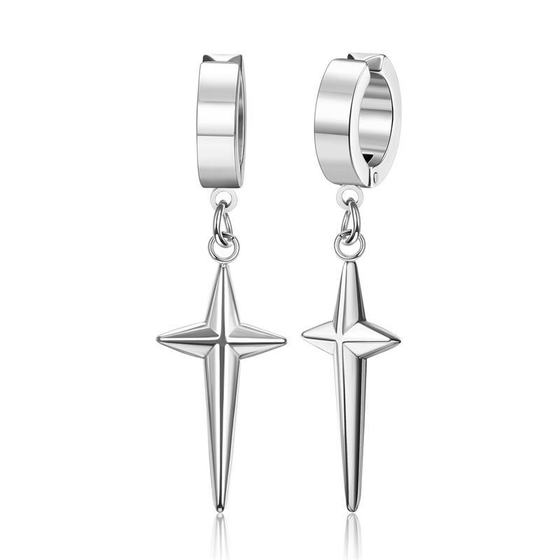 GTHIC Stainless Steel Punk 4-Pointed Star Hoop Dangle Ear Clips For Men Women Birthday Gift