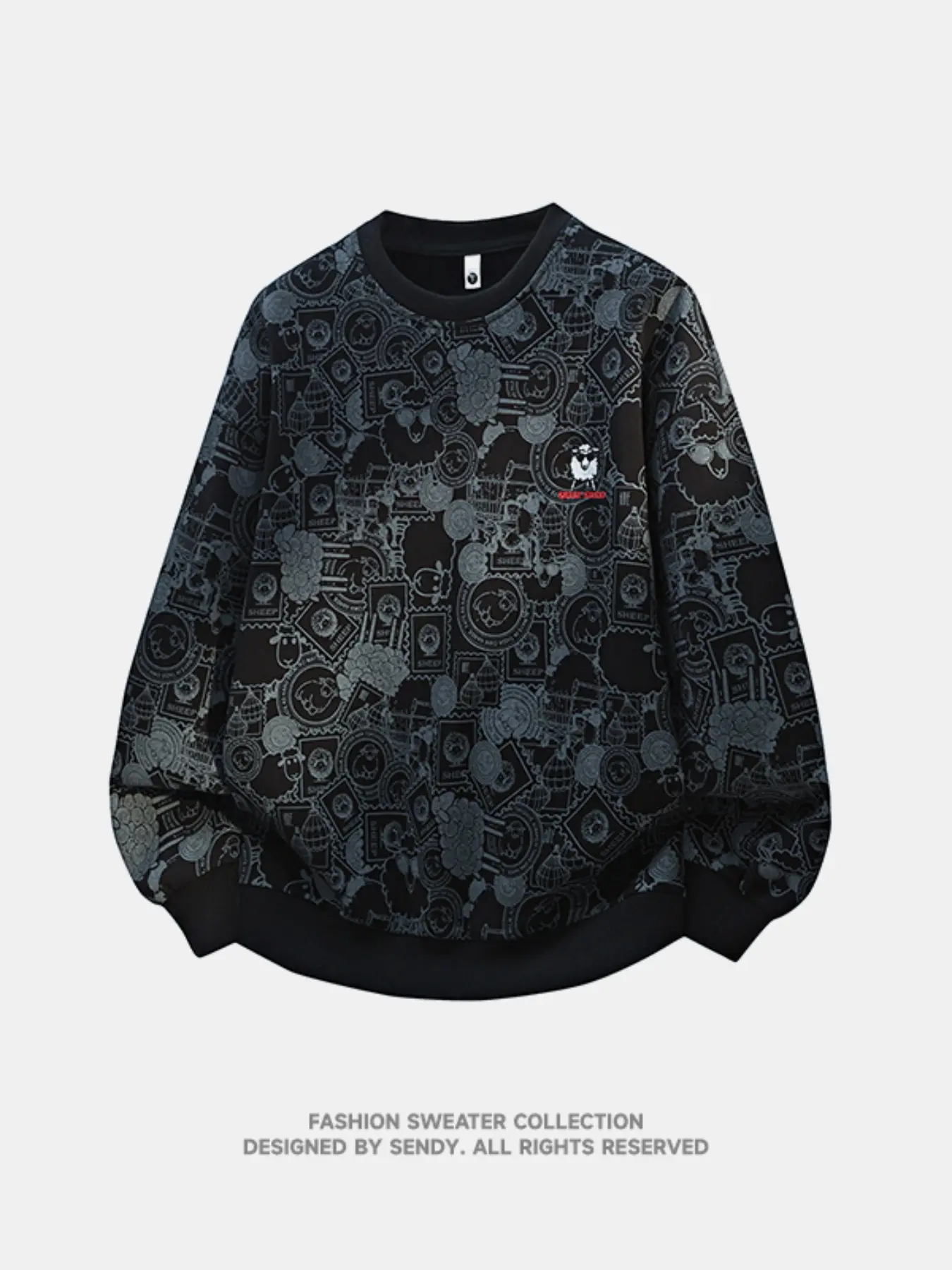 Vintage Stamp Style Full Print Lamb Round Neck Sweatshirt for Men, Loose Fit Casual Pullover, Comfortable and Stylish Streetwear