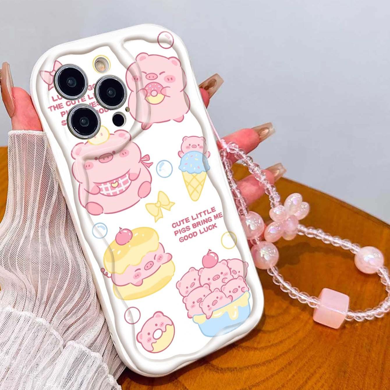 Cute Pig Pattern Tpu Phone Case with Lanyard, Shockproof Wave Edge Design, Compatible with Apple Models 11-17 Pro Max, Perfect Gift for Girls