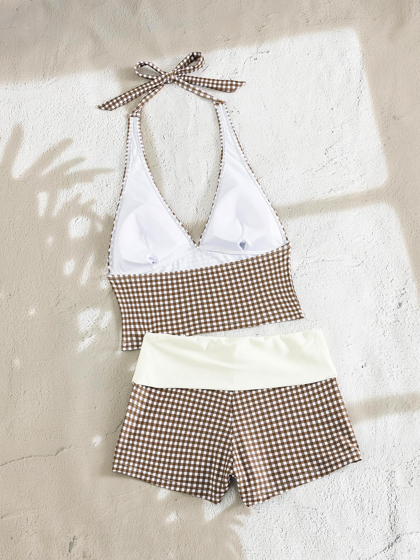 PEPPERMOLLY Women's 2-Piece Plaid Bikini Set - 2026 Spring/Summer Retro Sportswear Halter Top Swimsuit, for Luxury Beach Vacation, Pool Party, Halter Tops, 2 Piece Sets