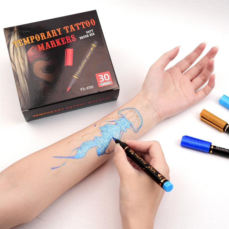 Temporary Tattoo Markers for Skin, 10/15/30-Count Body Markers 10/15/30 Colors Tattoo Pens, Tattoo Stencils,Flexible Brush Tip, Bright colors, Face Paint Kit Cosmetic Quality, High Pigment Halloween makeup