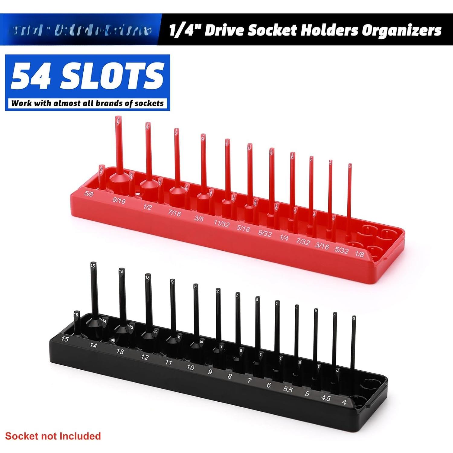 1/4-Inch Drive Socket Organizer Trays, 2- SAE and Metric Socket Tray Set, Deep and Standard Socket Holders Organizers for Toolbox, Black & Red