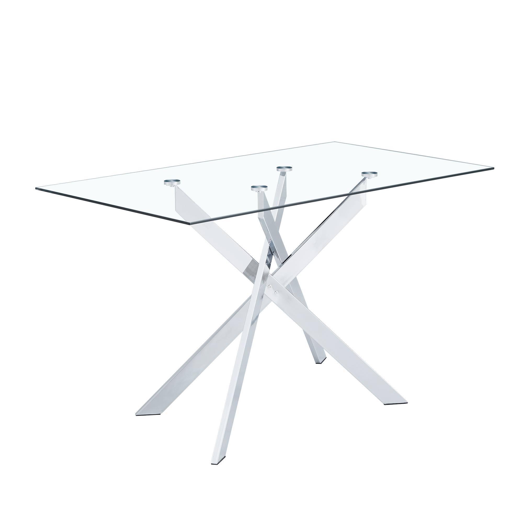 51.18" Rectangular Clear Tempered Glass Dining Table,Stylish Design with Silver Chrome Plated Metal Legs, Furniture Home Decor