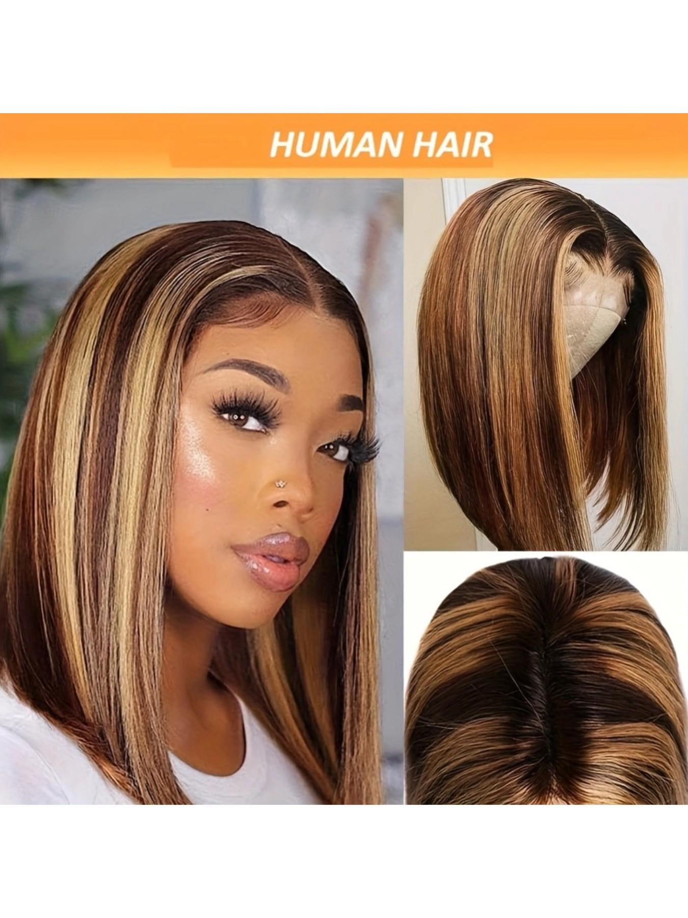 180% Density 13x4 Highlight Ombre Full Lace Frontal Bob Wig Human Hair 12A Brazilian Virgin Human Hair Pre Plucked 4/27 Honey Blonde HD Transparent Lace Glueless Wigs Human Hair