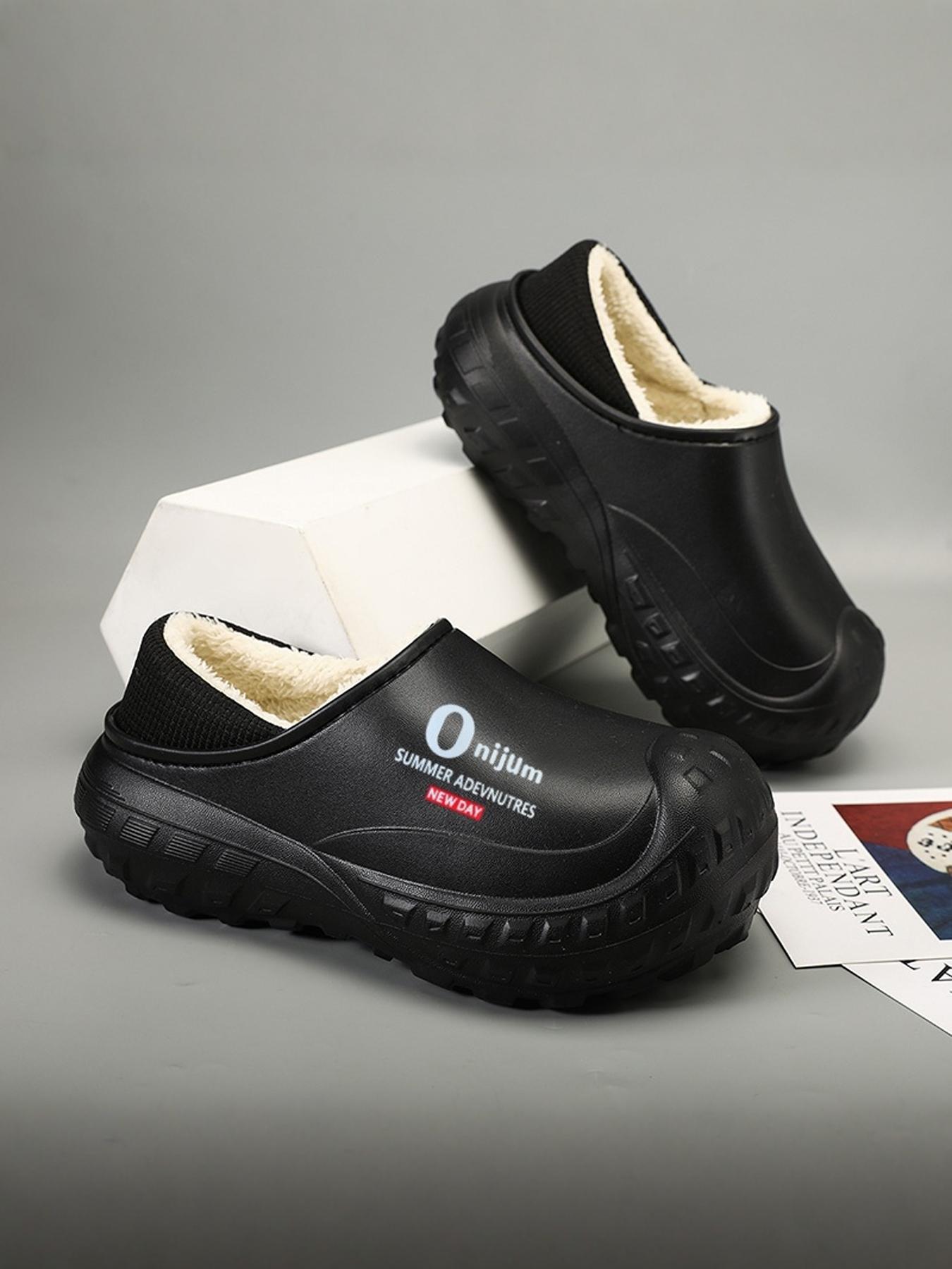 Men's Letter Pattern Waterproof Plush Lining Slippers, Casual Comfortable Home Slippers, Warm Slippers for Indoor & Outdoor Use for Fall & Winter, Lined Slippers