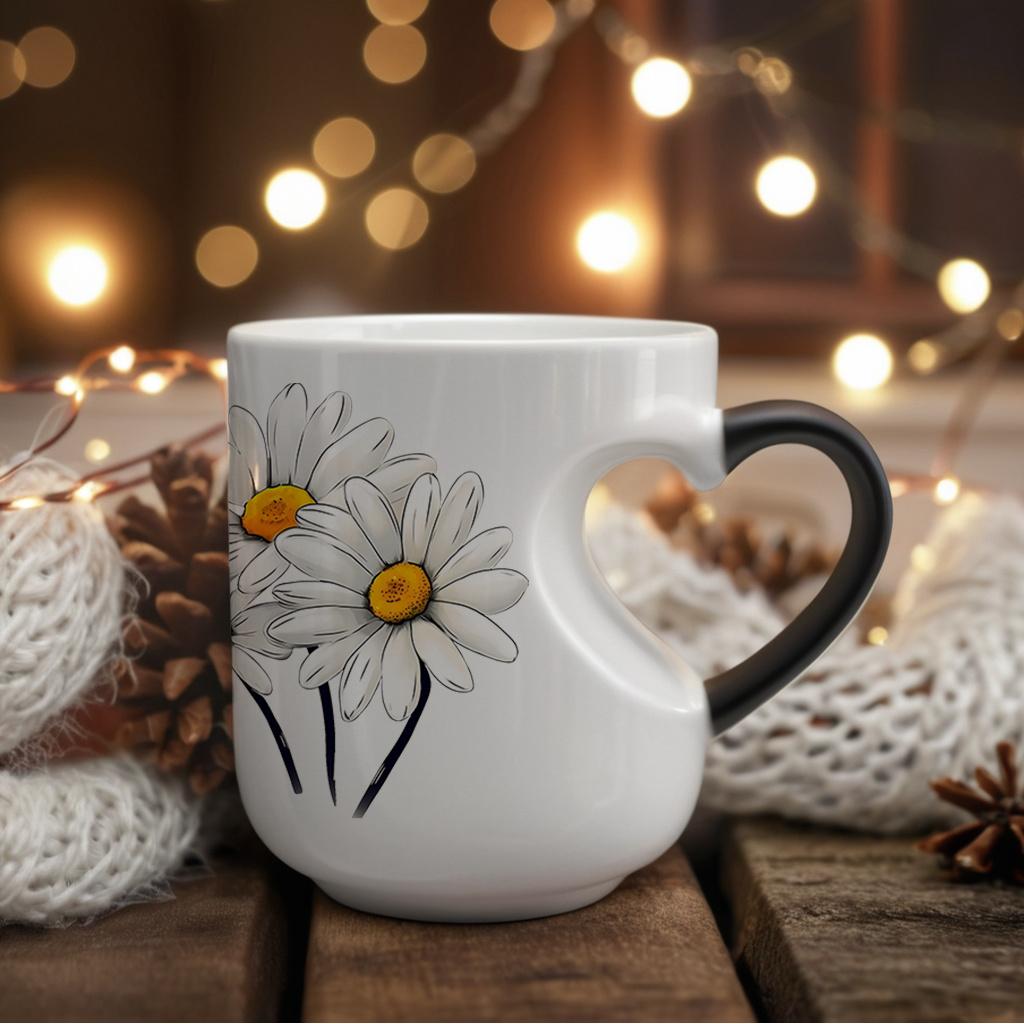 White Daisies Floral Pattern Ceramic Color Changing Mug, Heart Handle, 11 oz/330 ml - Great for Halloween, Christmas, Valentine's Day, Mother's Day and Father's Day Gifts