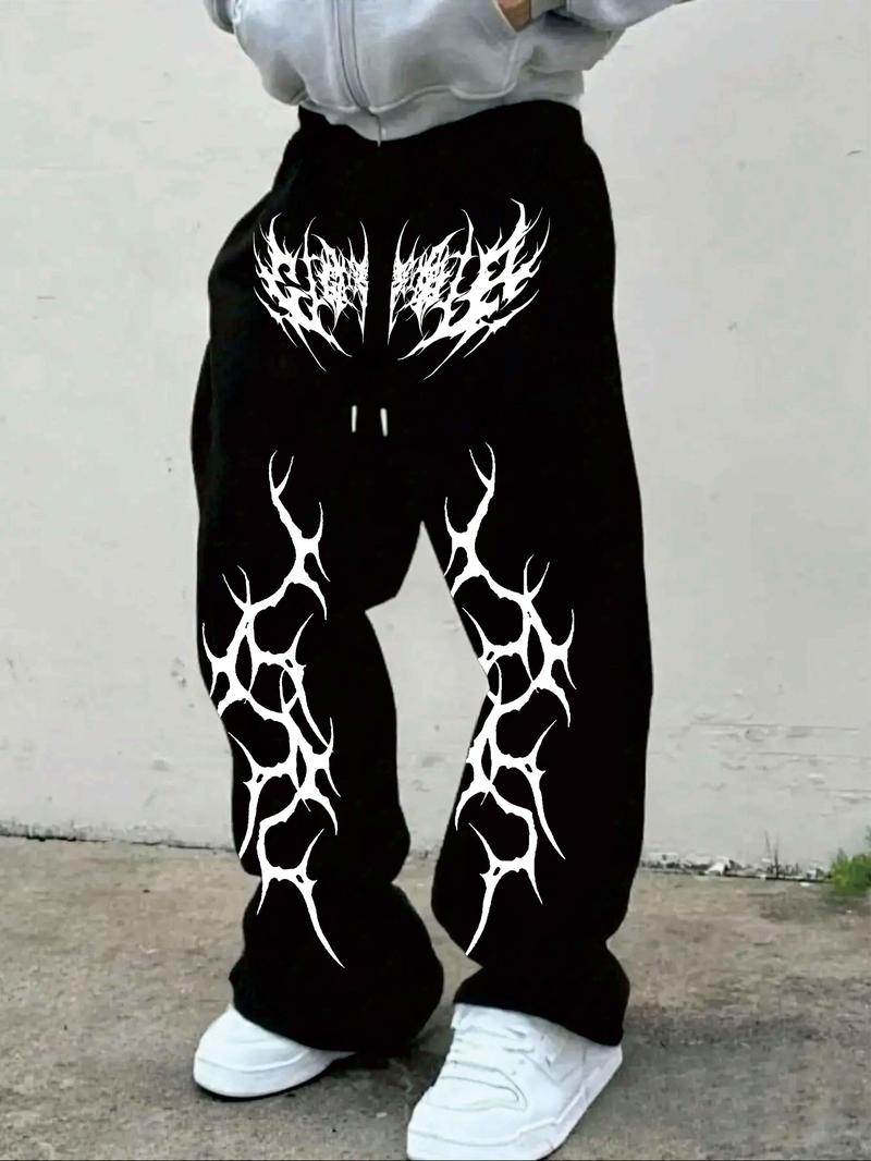 Men's Street Style Loose Fit Sports Pants, Athletics Pants, Gothic Thorn Crack Pattern Wide Leg Casual Trousers, Fall Fashion Kint Fabric