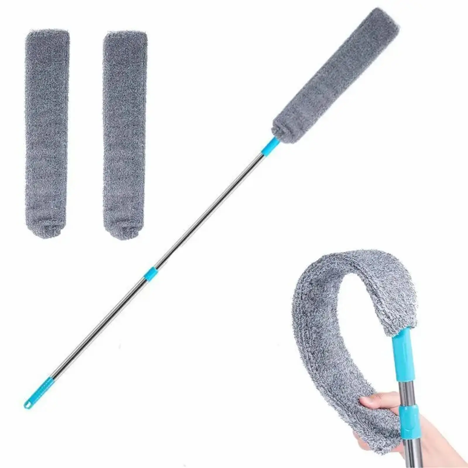 Telescopic Bendable Dust Cleaning Tool, 36-55in Stainless Extension Pole, With Washable Microfiber Cloths, For Hard-to-Reach Nooks & Indoor Surfaces