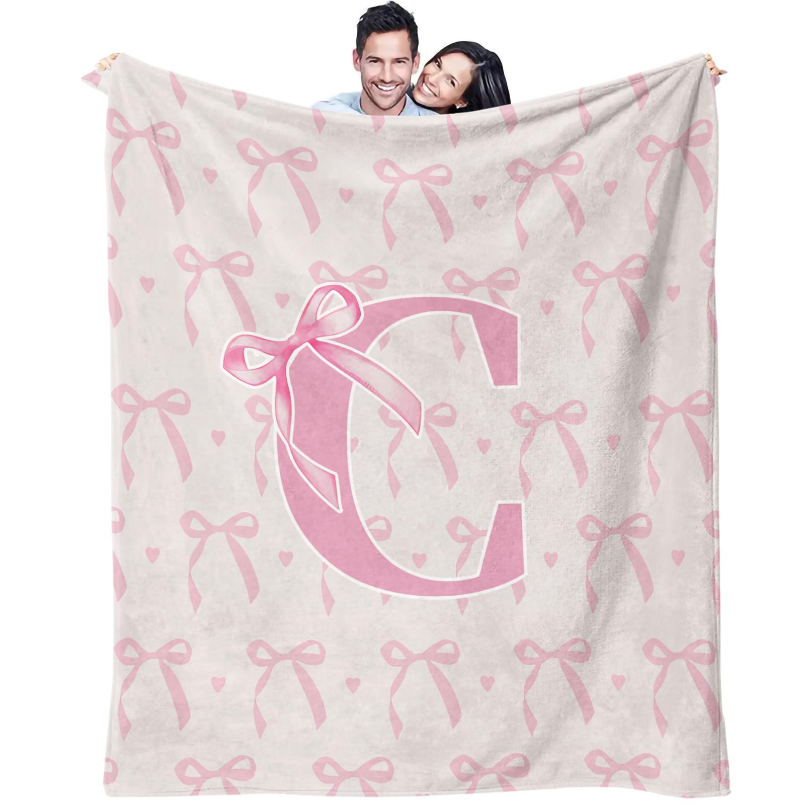 Pink Bow Custom Initial Throw Blanket, Sweet Girl Style Heart Print, Soft Warm Cozy Skin-friendly, Ideal for Bedroom Living Room Sofa Dorm Decor