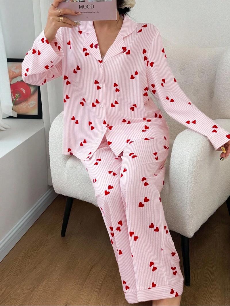 Women's Heart Stripe Print Button Front Shirt and Elastic Waist Pants Pajama Set, Cute Sleepwear for Spring & Fall, pjs