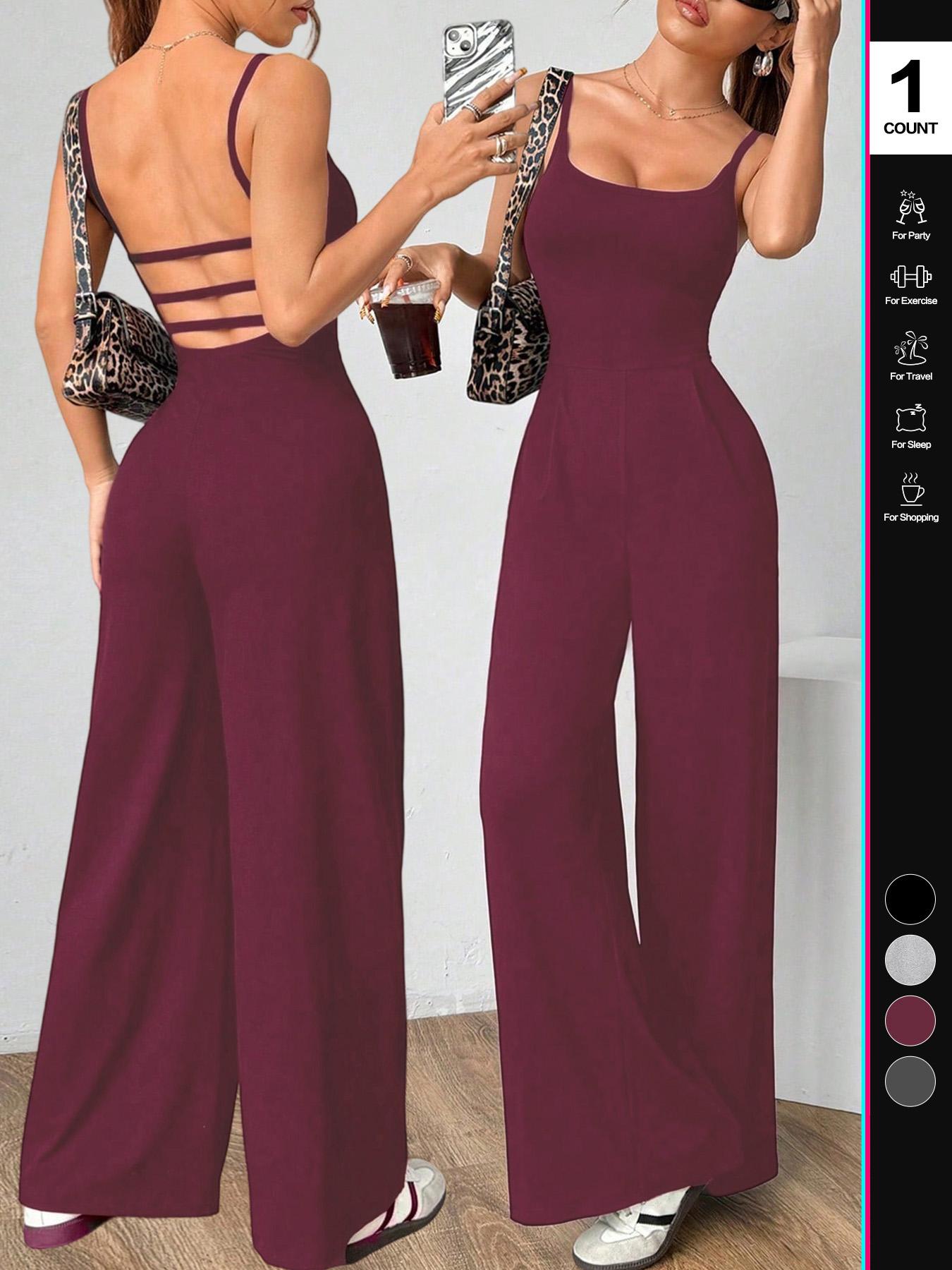 2026 Women's Solid Backless Fitted Plicated Camijumpsuit, Sleeveless Spaghetti Strap Square Neck, Sexy Wide Leg Jumpsuit for All Seasons