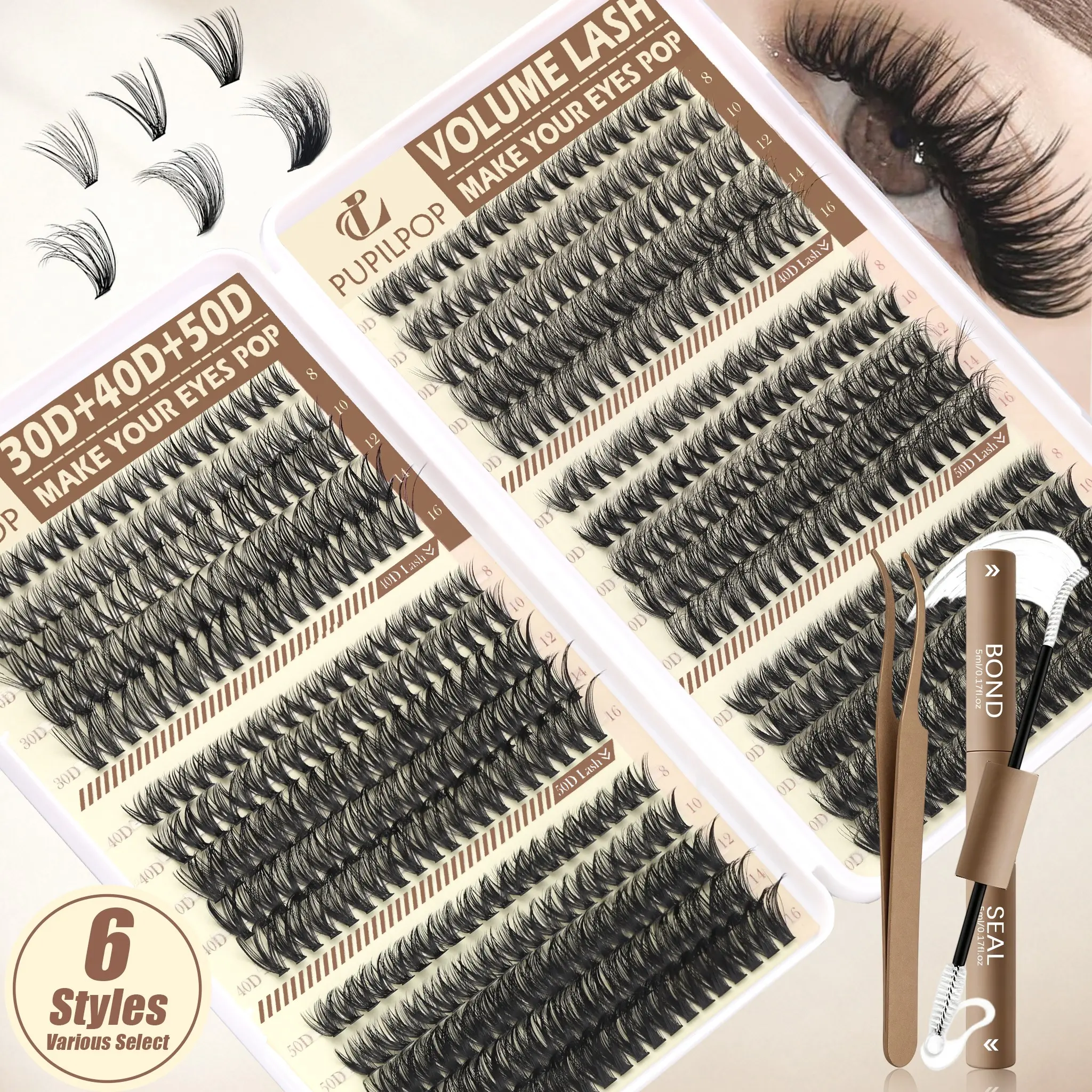 Pupilpop Volume Lash Clusters Kit, DIY Eyelash Extensions, 30D 40D 50D Wispy Fluffy Volume Lashes, D Curl Individual Cluster Eyelashes, 8-16mm Mixed Lengths, Ultra Thin 0.05mm Band, Bond & Seal, Tweezers, Lightweight False Lashes, Halloween Christmas Gift