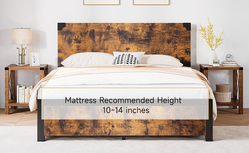 Full/Queen/King Bed Frame with Wood Headboard, Platform Bed Frame with Under Bed Storage and Metal Legs, No Box Spring Needed-Rustic Brown