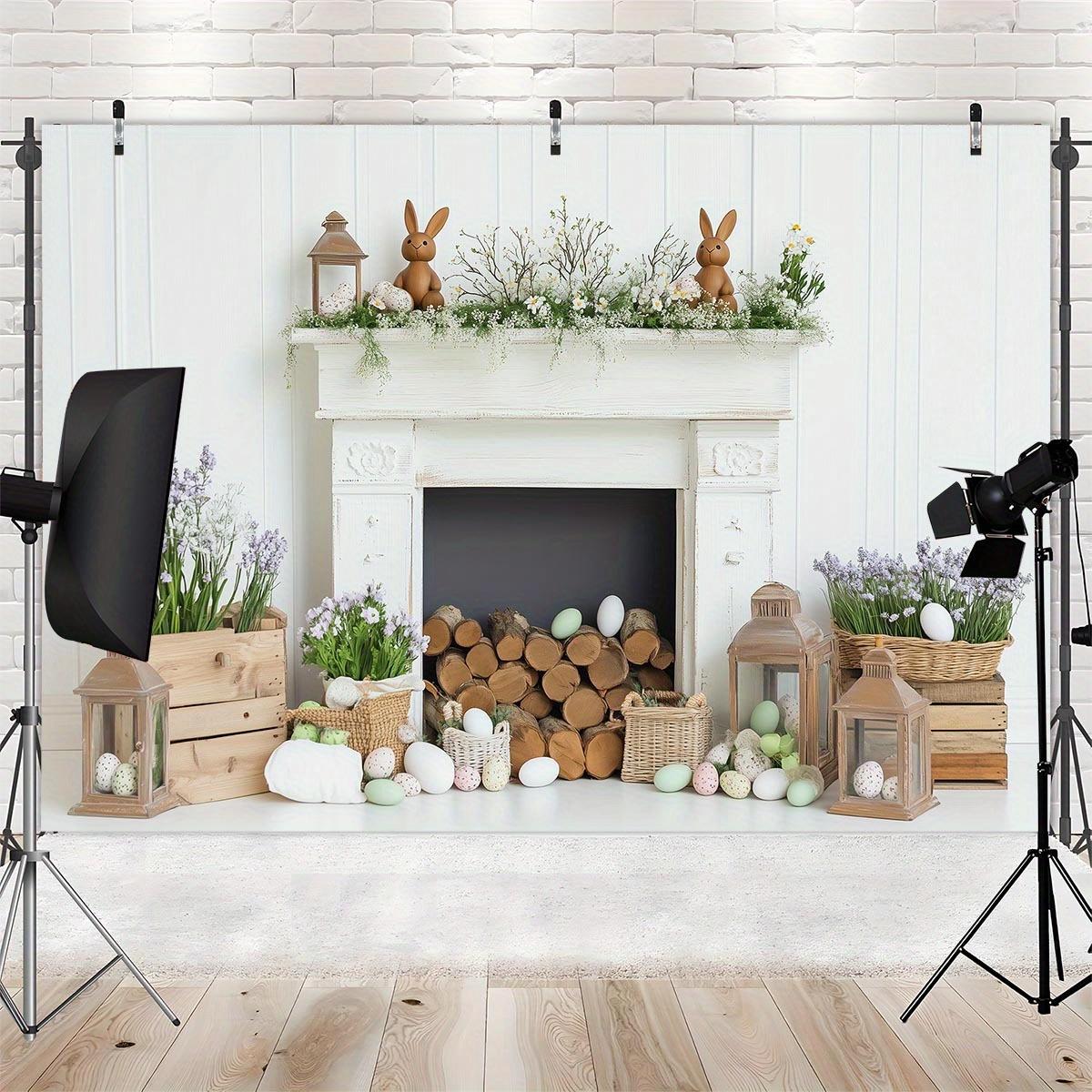 1pc White Fireplace Easter Bunny & Eggs Backdrop Banner - Rustic Spring Decor with Greenery, Wooden Logs & Lanterns for Home, Garden, Parties & Themed Events, Easy Hanging Indoor/Outdoor Use, Festive Backdrop | Springtime Ambiance | Pastel Colored