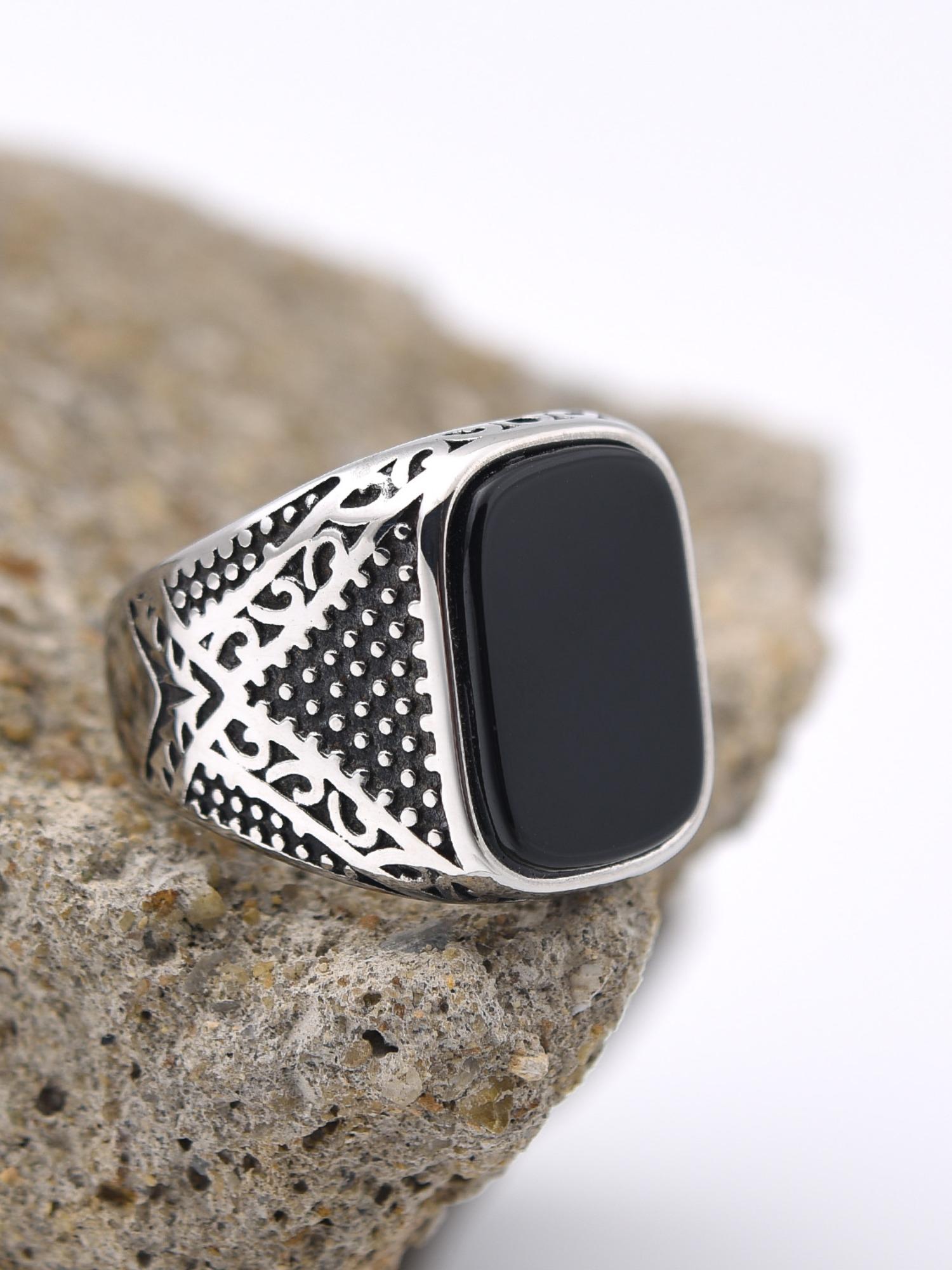 Vintage Men's Signet Ring 316L Stainless Steel Silver Color Blue Agate Square Stone Retro Carving Jewelry Gift