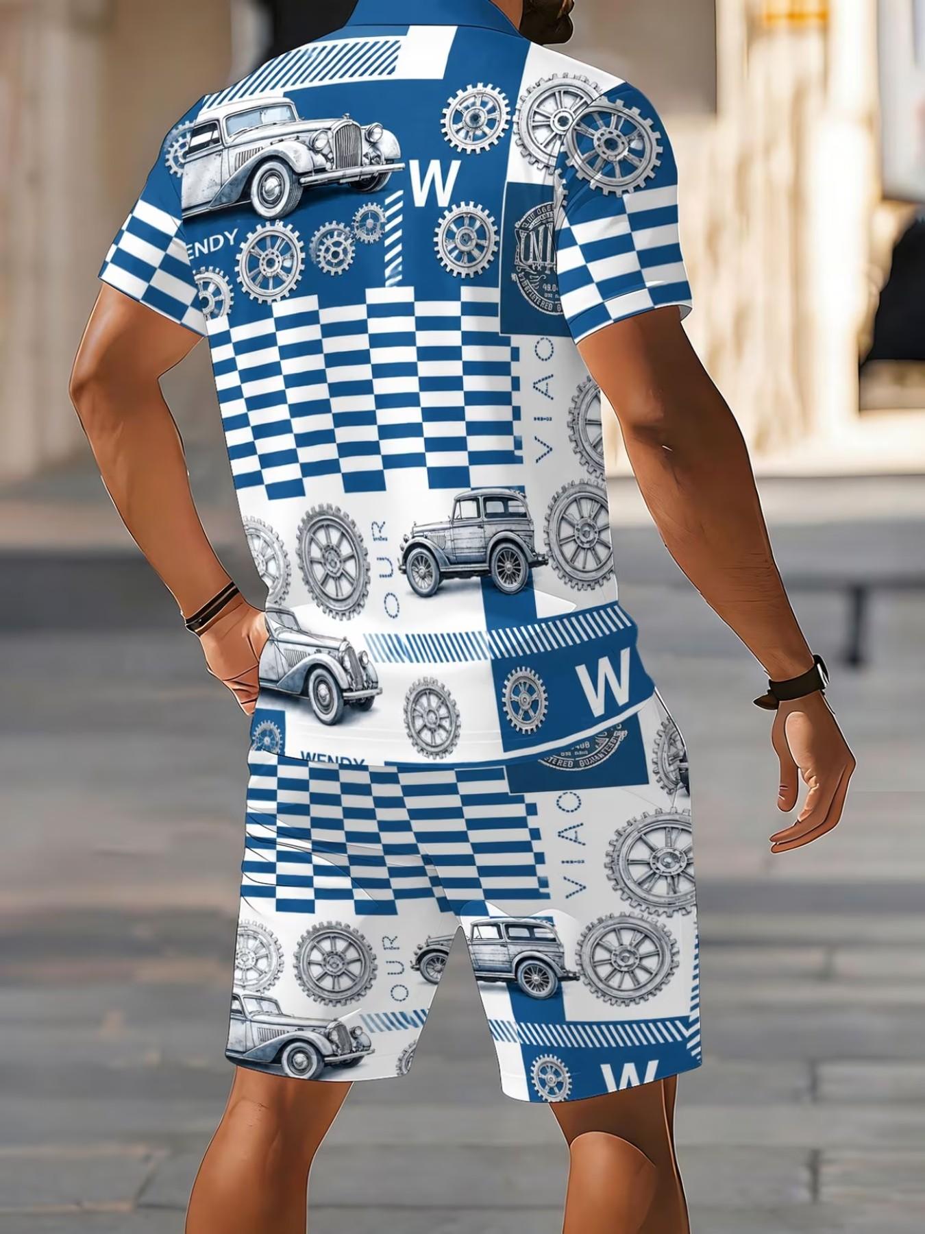 Men's Polo Set, Summer Short Sleeve Polo Shirt Set, Vintage Car Print, Casual Sporty Two-Piece, Breathable Collar Top with Drawstring Shorts