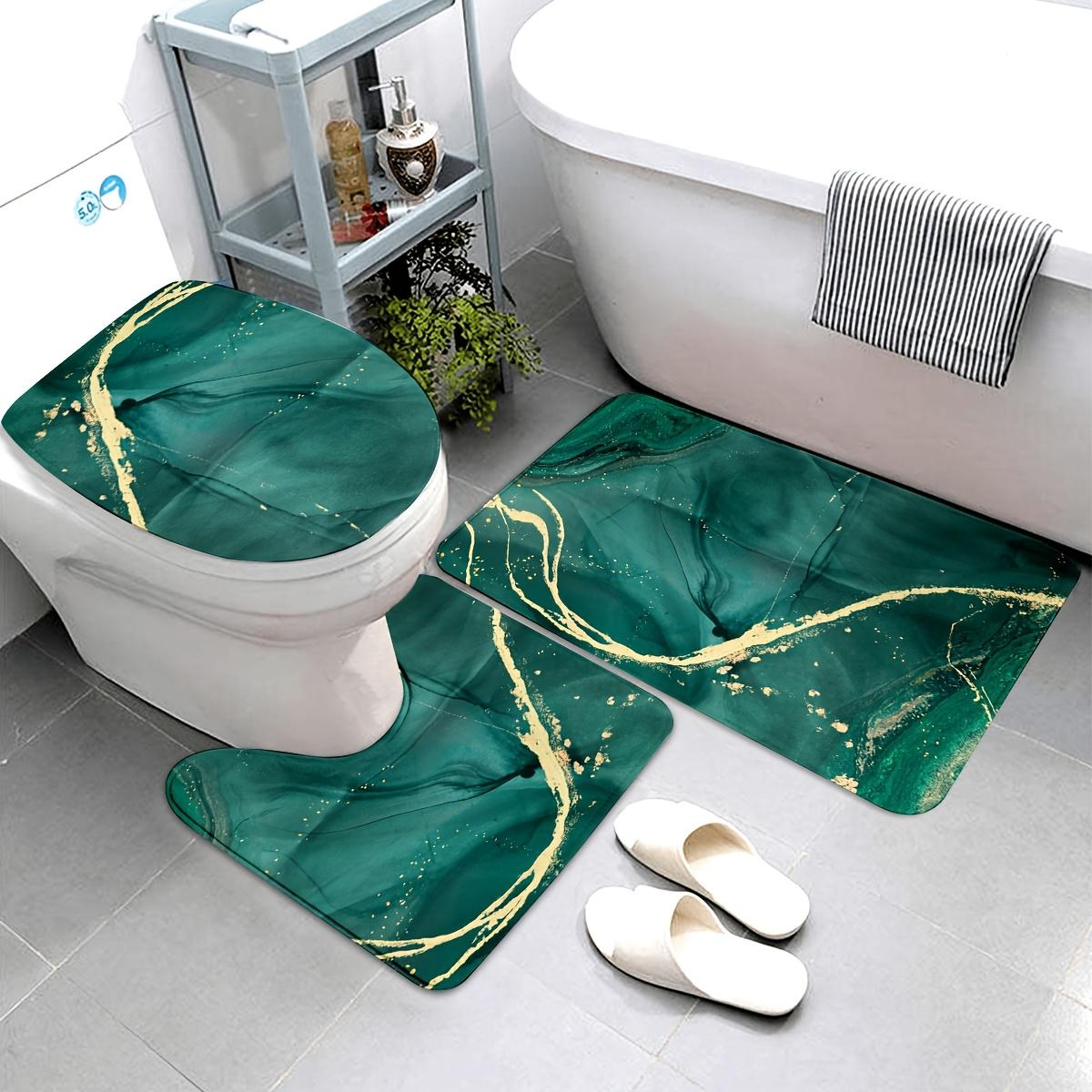 3PCS Green Marble & Golden Bath Rug Set, Fleece Non-Slip Absorbent Mat, Includes U-Shaped Rug and Toilet Lid Cover for Decor