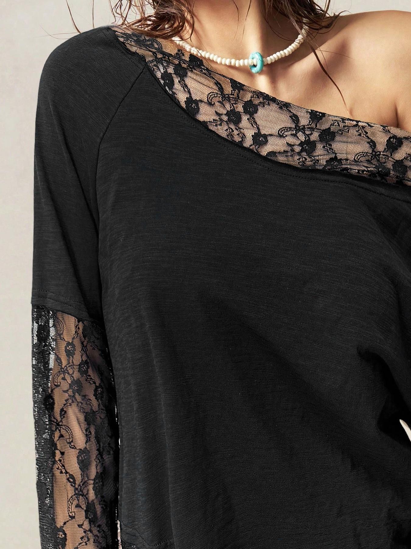 Chic  Off-Shoulder Sheer Lace Blouse - Long Sleeve Oversized Mesh Top Shirts for Daily Casual Party Outfitsy