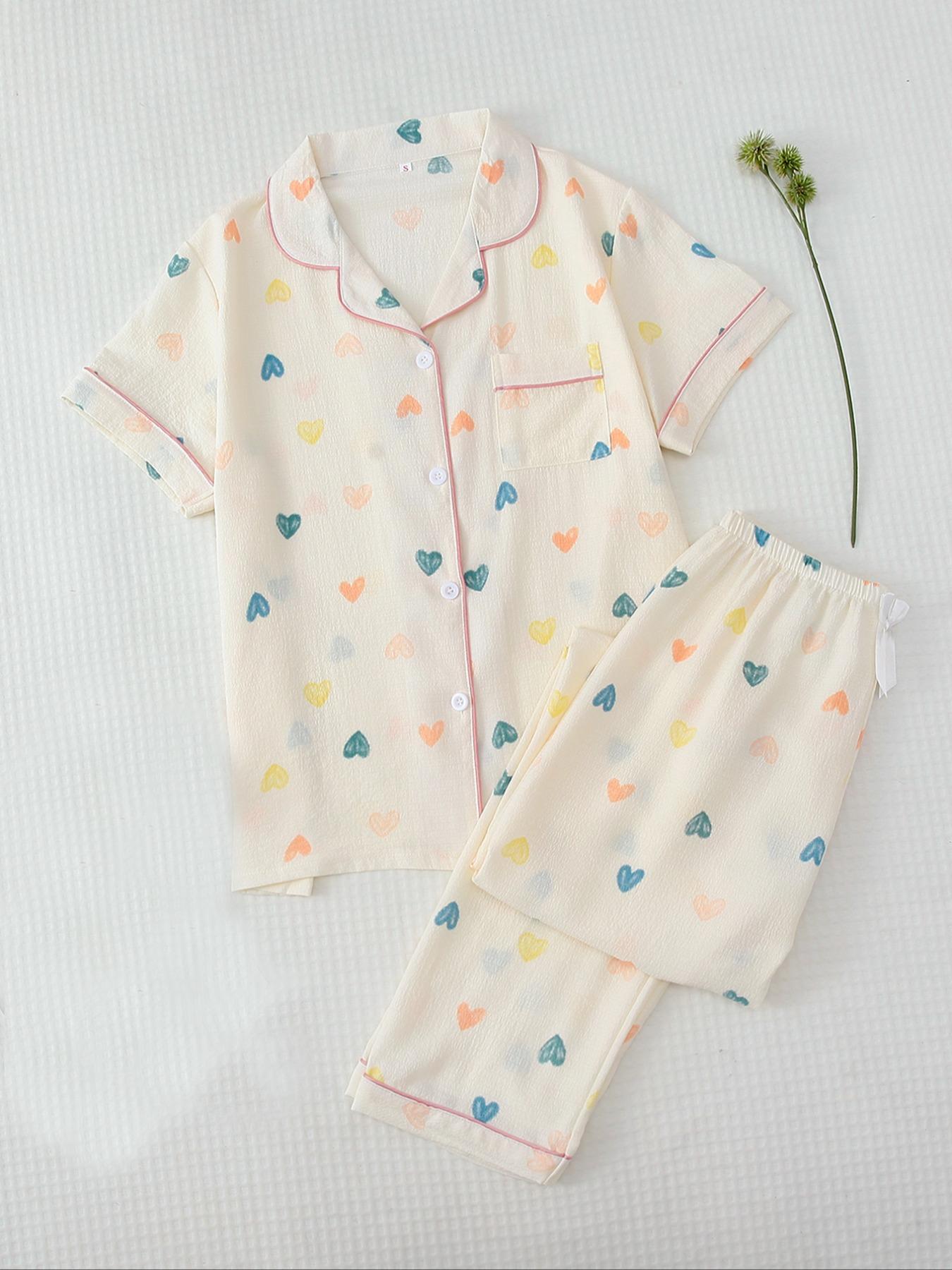 Two-Piece Set Women's All Over Print Pajama Set, Button Front Short Sleeve Shirt & Elastic Waist Pants Lounge Co-ord Set, Summer Outfits 2024, Lady Summer Homewear