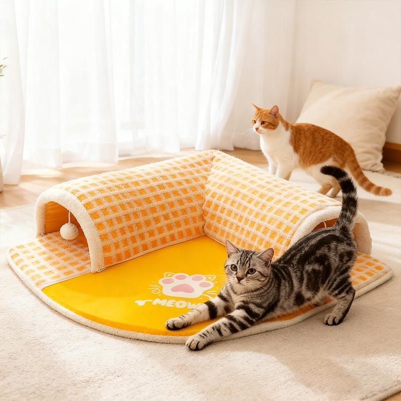 Cat Carpet Tunnel Bed Checkered, Soft Cat Bed Floor Cave Tunnel, Hideaway and Activity Nest, Non-Slip Washable Fun Large