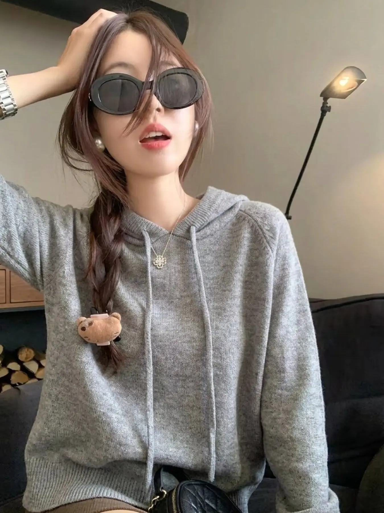 New Fall Winter Women's Hooded Drawstring Knit Sweater, Loose Fit Pullover, Casual Cozy Inner Top for Autumn Winter