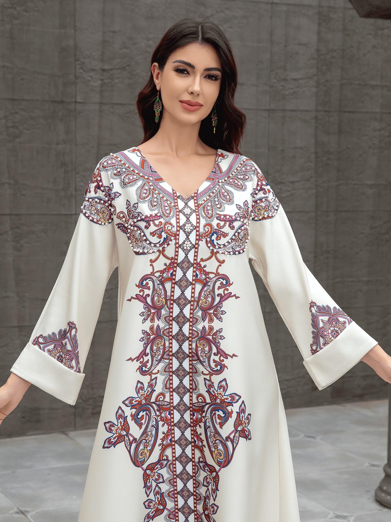 Muslim Women's Elegant Abaya Dress, Long Robe with Printing and Beads, Dubai Export Fashion, Stylish Muslim Clothing