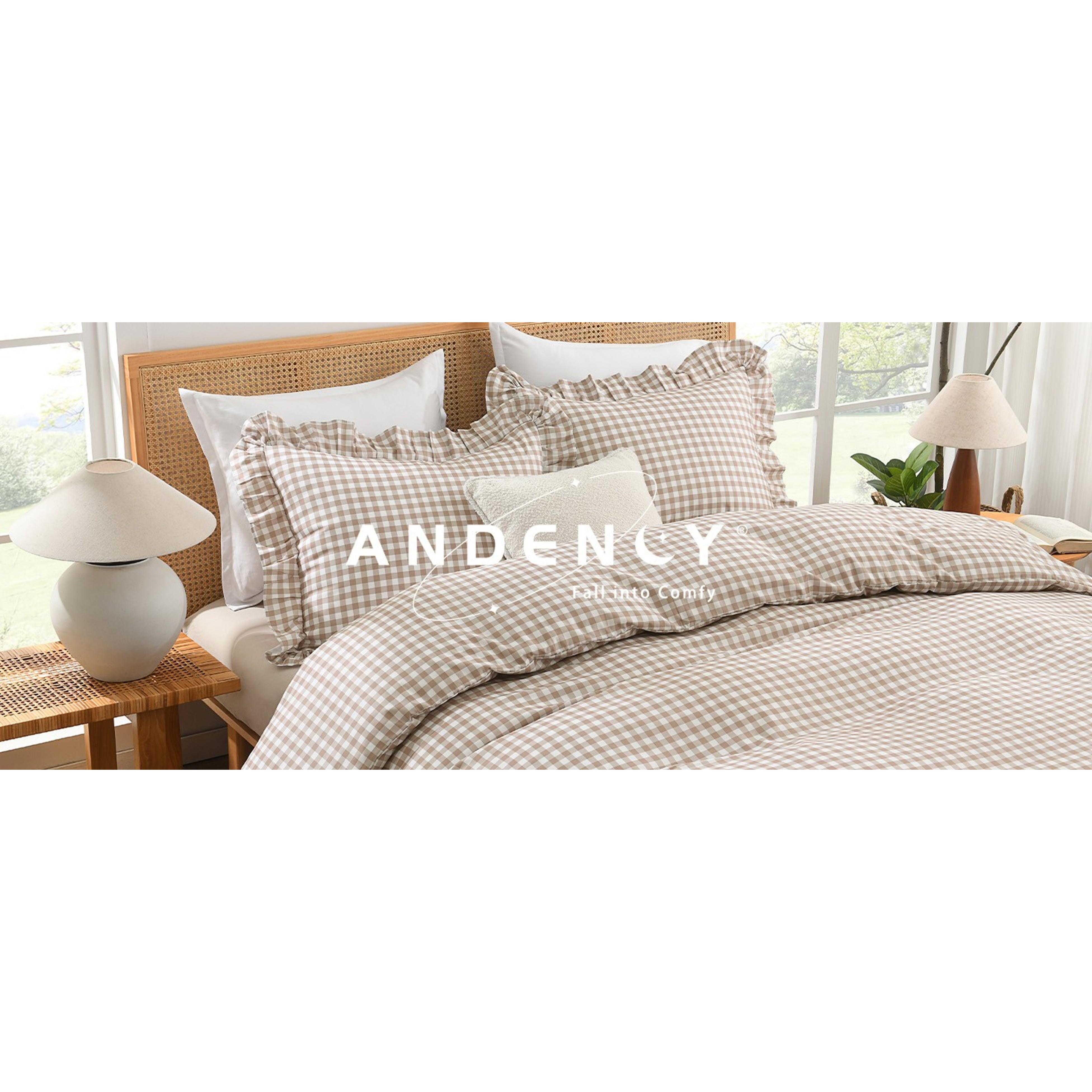 King Size Tan Gingham Duvet Cover Set, 3-Piece Ruffle Shabby Chic Farmhouse Bedding - Pre-Washed Soft Polyester Comforter Cover with Zipper Closure, Corner Ties, 104x90In