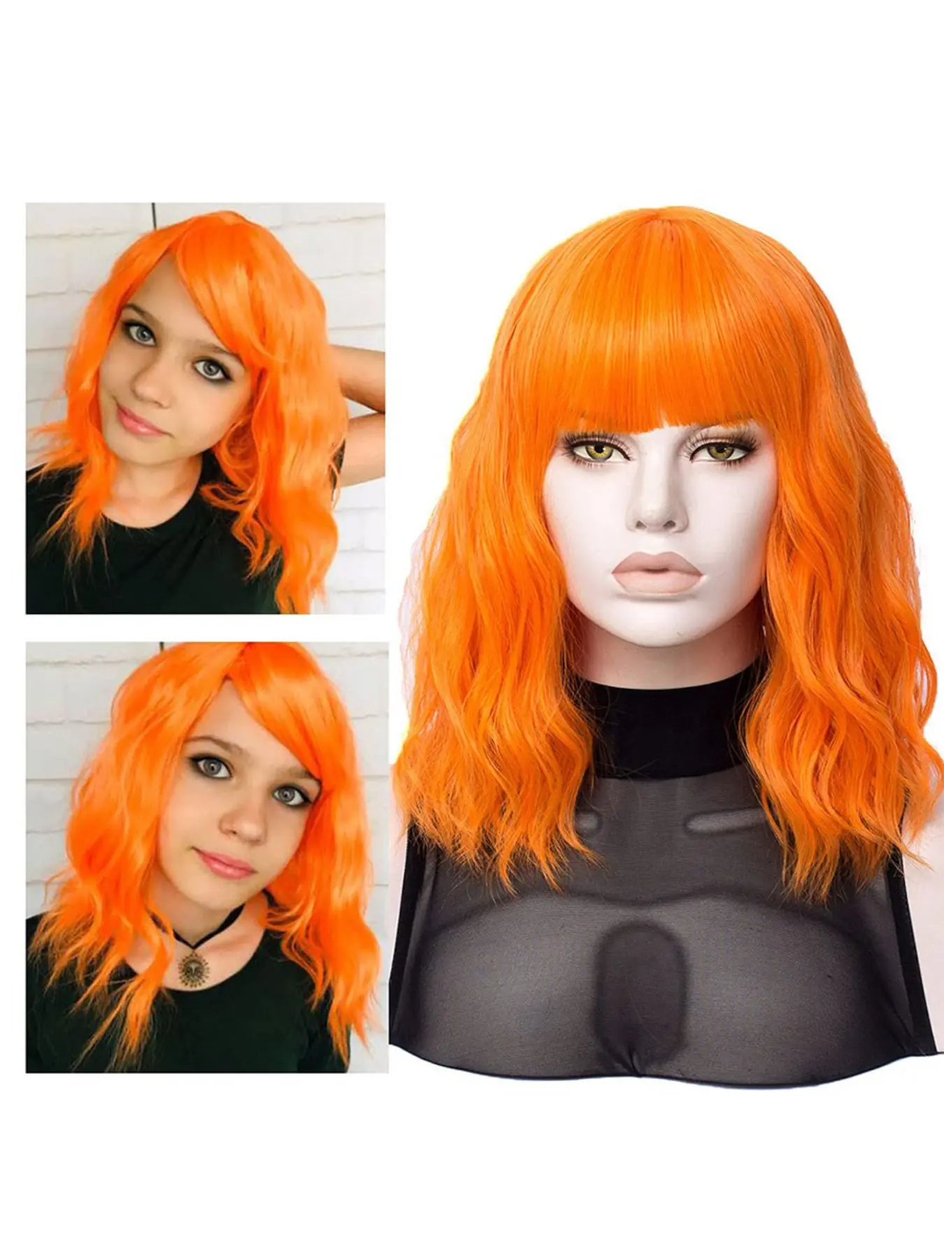 Bob Wig with Bangs Short Wavy Copper Red Wigs for Women Shoulder Length Burnt Orange Curly Bob Wigs Heat Resistant Synthetic Wigs for Halloween Cosplay Daily Party Use 14 Inch