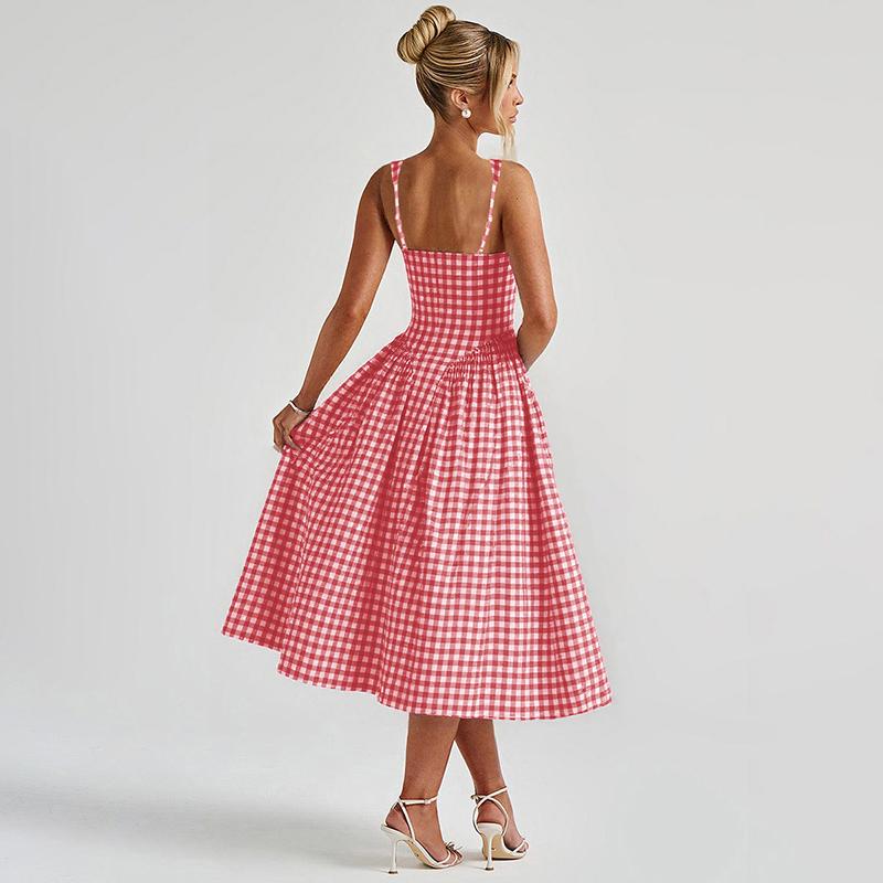 Plaid A-Line Midi Dress for Women's Summer Outfit Adjustable Strap Bodycon Top Flared Hem Casual Elegant Beach Holiday Party Club Dating Dresses