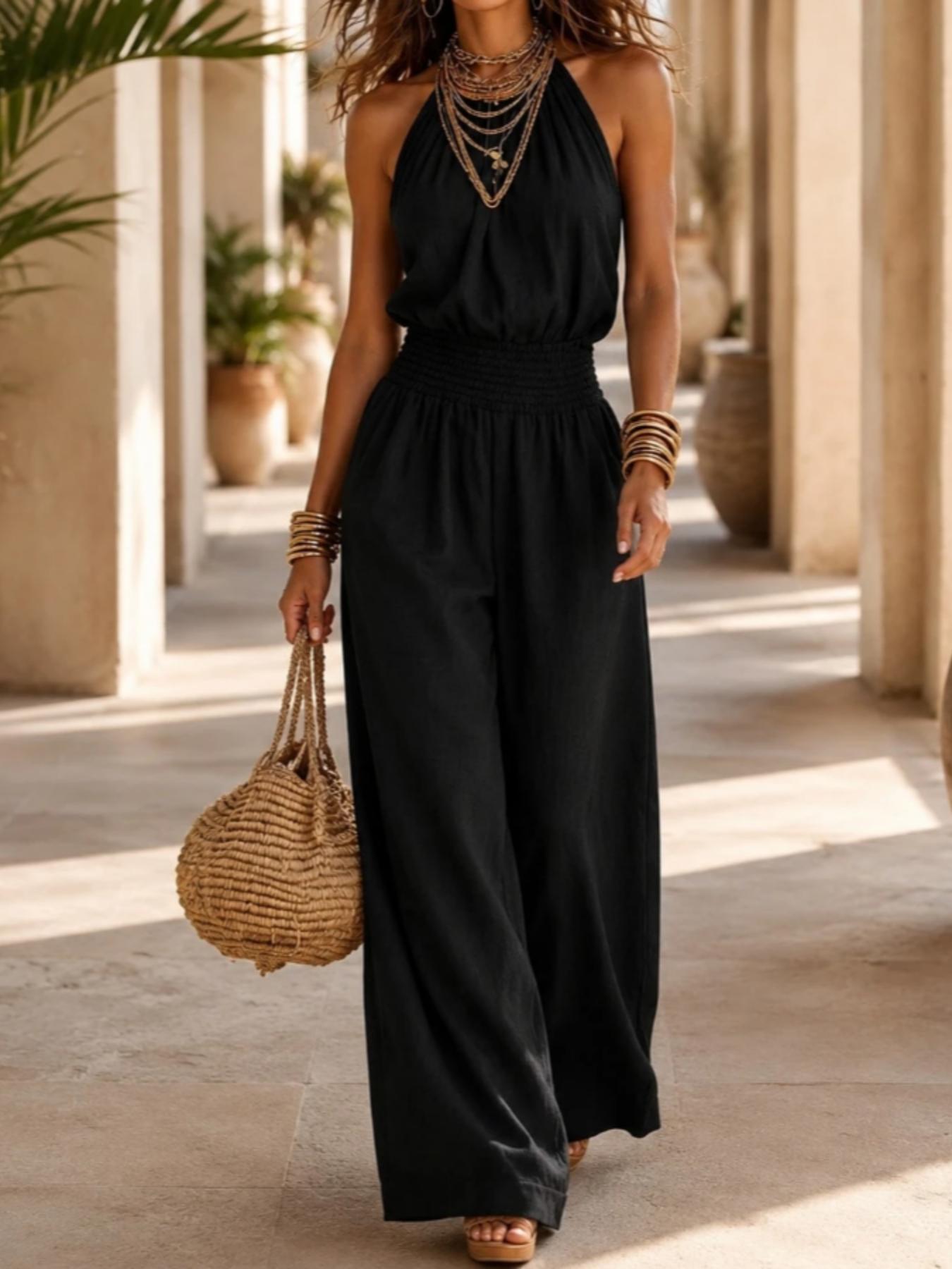 BohoChic Smocked High Waist Linen Blend Halter Neck Wide Leg Jumpsuit, Plain Ruched Jumpsuit, Sleeveless Pocket Design Casual Outfit for Beach Vacation Bohemian Daily Wear, Oversized Loose Fit Resort Romper Outfit Women Apparel